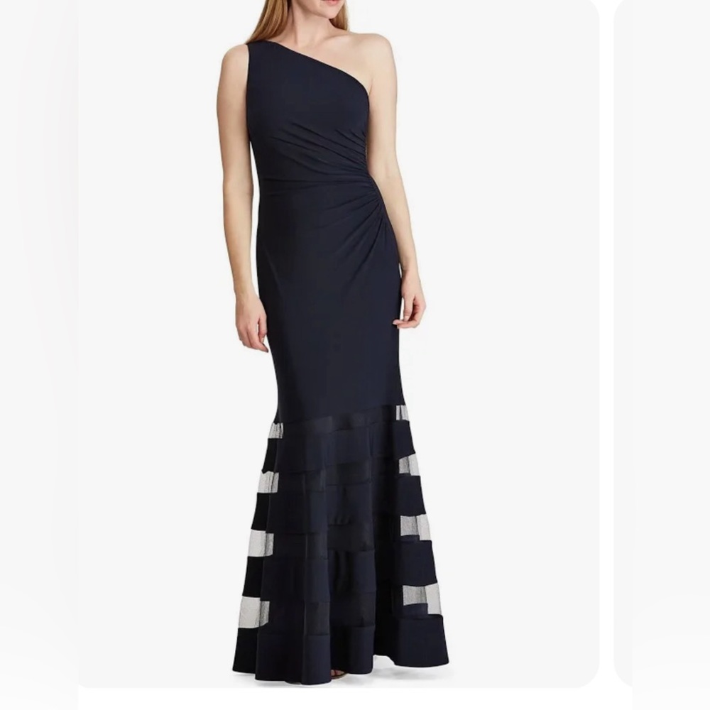 Ralph Lauren one shoulder black mesh tulle gown, size 4